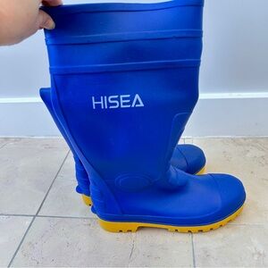 HISEA Men’s Size 9 Rain Boots Blue Yellow Sole Steel Toe Hunt Fish Garden Spring